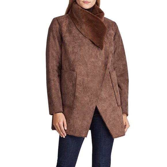NWT Ralph Lauren Wrap Coat Faux Suede + Shearling - Picture 1 of 2